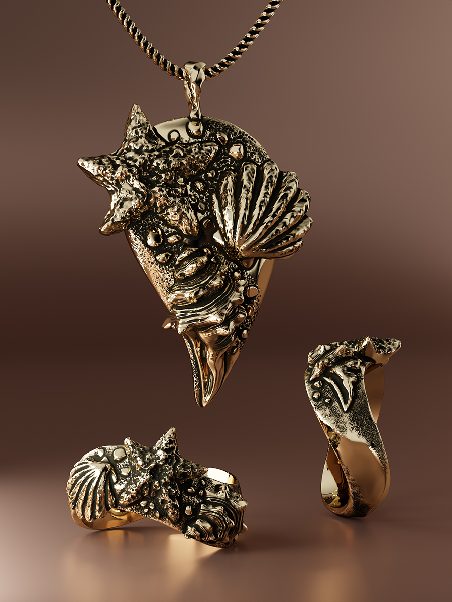 Caribbean Treasures - Custom Pendant and Rings. Sculptural Jewelry.